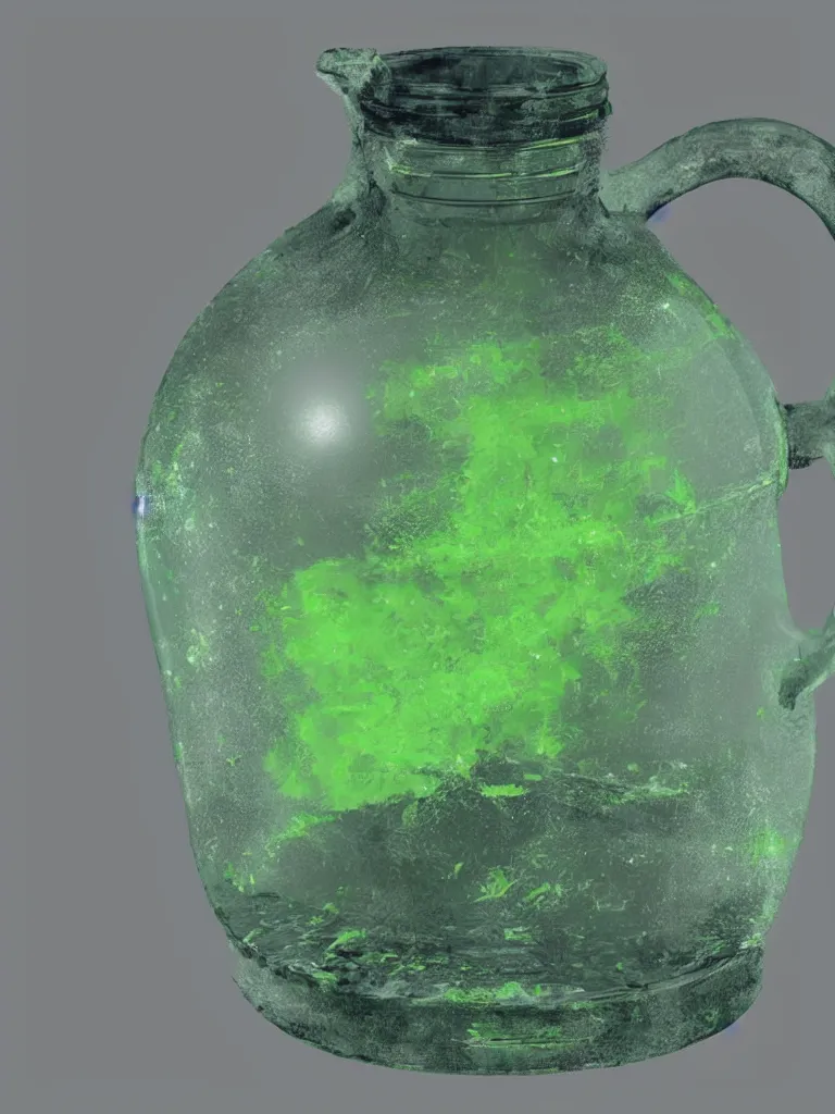 Prompt: close up jug filled with radioactive glowing juices by disney concept artists, blunt borders, rule of thirds