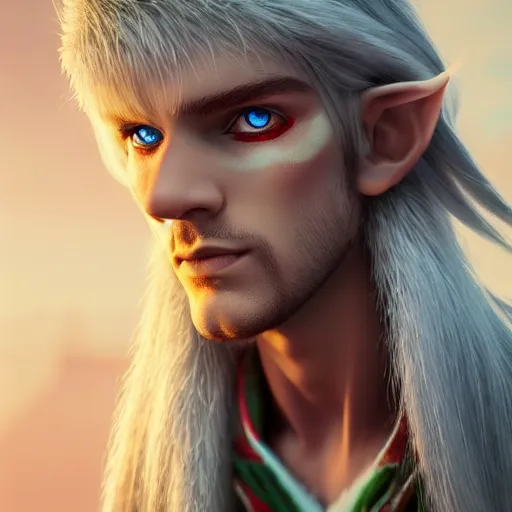 Image similar to a highly detailed male elf in full length, with white long hair, white clothes, bright blue eyes, artstation, DeviantArt, professional, octane render