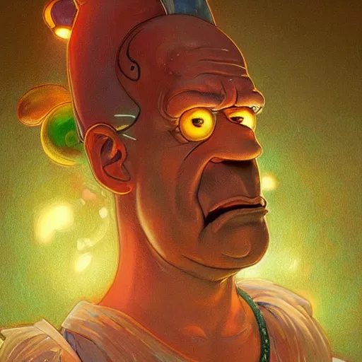 Prompt: ultra realistic illustration of magical homer simpson, forest, fantasy, colorful lights, intricate, elegant, highly detailed, digital painting, artstation, concept art, smooth, sharp focus, illustration, art by artgerm and greg rutkowski and alphonse mucha homer!!! simpson!!!