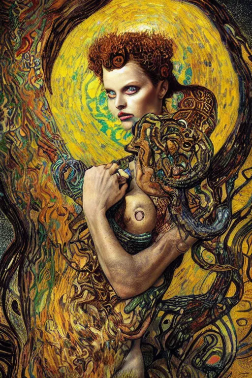 Image similar to Rebirth by Karol Bak, Jean Deville, Gustav Klimt, and Vincent Van Gogh, Rebirth, Loki's Pet Project, mystical portrait of a serpent deity, Surreality, otherworldly, fractal structures, arcane, ornate gilded medieval icon, third eye, spirals