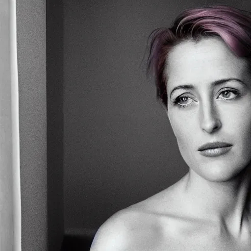 Prompt: photo of a gorgeous 20-year-old Gillian Anderson with pink pixie cut hairstyle by Mario Testino, detailed, head shot, award winning, Sony a7R -