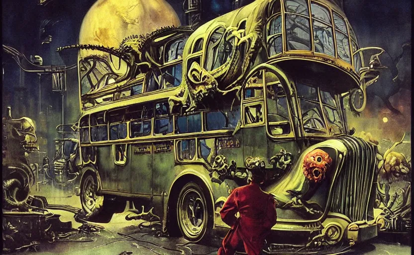 Image similar to cthulhu devouring a steampunk school bus. highly detailed science fiction painting by norman rockwell, frank frazetta, and syd mead. rich colors, high contrast, gloomy atmosphere, dark background. trending on artstation