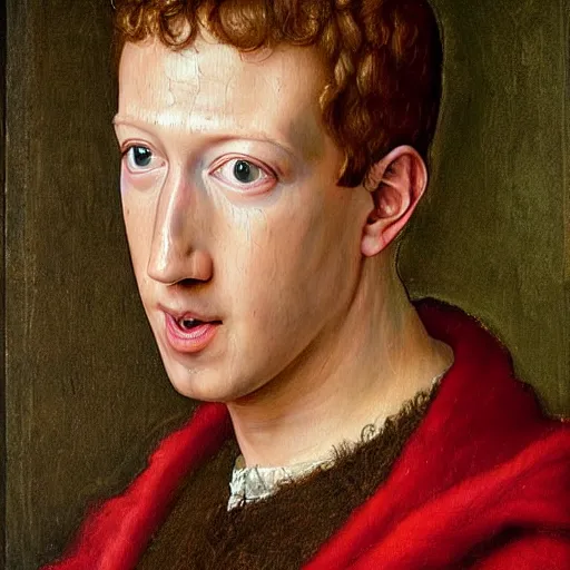 Image similar to portrait of mark zuckerberg, oil painting by jan van eyck, northern renaissance art, oil on canvas, wet - on - wet technique, realistic, expressive emotions, intricate textures, illusionistic detail