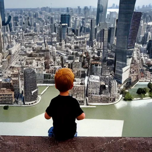 Prompt: boy watching over the abandoned city from the top of One WTC . The city has been reclaimed by ivy and nature and animals, and some of the skyscrapers have fallen. From famous apocalypse manga's movie adaptation. directed by Hayao Miyazaki