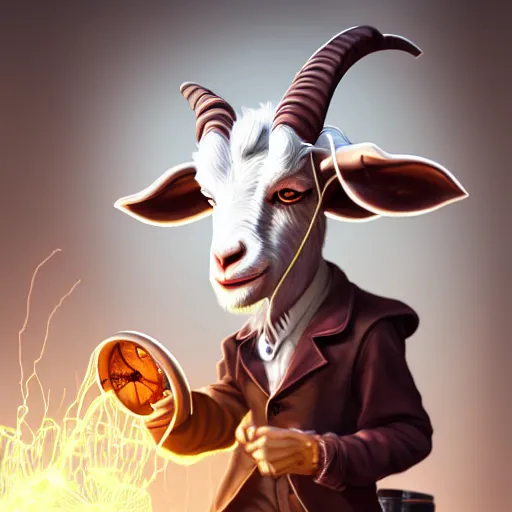 Image similar to a goat who is a mad scientist, wearing a lab coat, inventing a time machine, steampunk style, digital art, trending on artstation and unreal engine, deviantart, smooth, hyper detailed