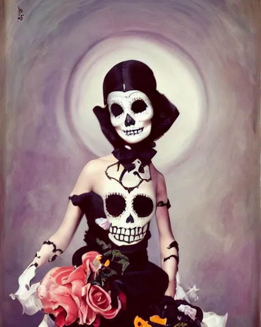 Image similar to a cute Día de los Muertos girl posing by Annie Leibovitz, Poster art by J. C. Leyendecker