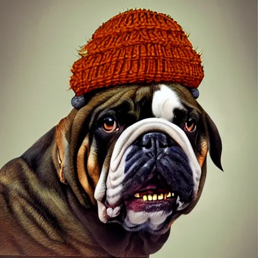 Image similar to bulldog wearing a beanie, highly detailed, sharp focus, digital painting, artwork by Victor Adame Minguez + Yuumei + Tom Lovell + Sandro Botticelli