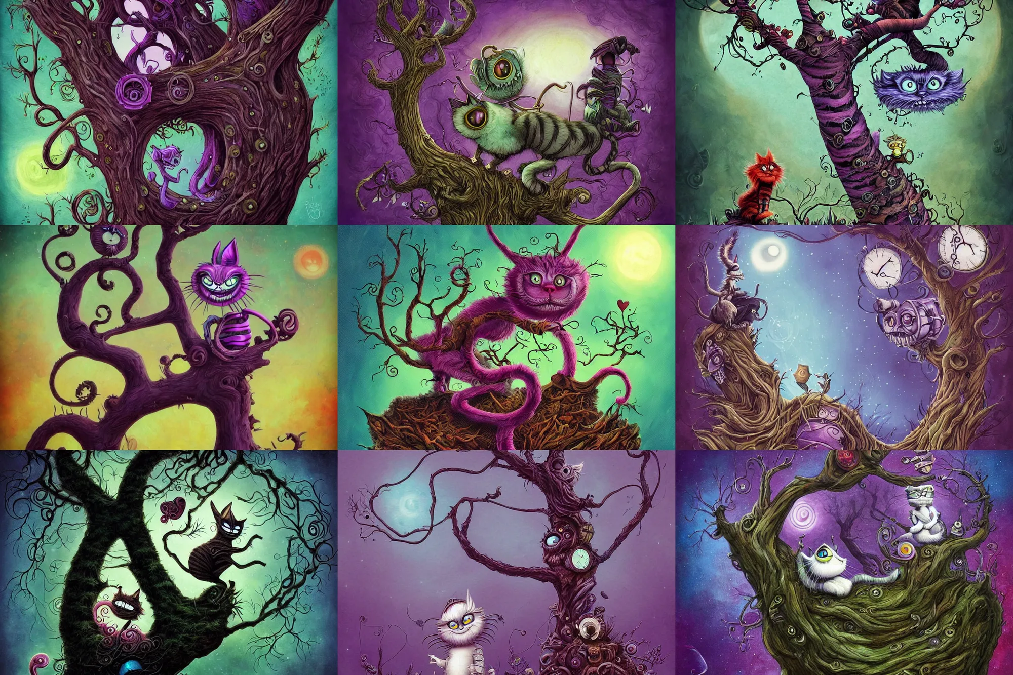 Prompt: The Cheshire Cat talking on a tree, biomechanoid, sci-fi, dramatic, art style Megan Duncanson and Benjamin Lacombe, super details, dark dull colors, ornate background, mysterious, eerie, sinister