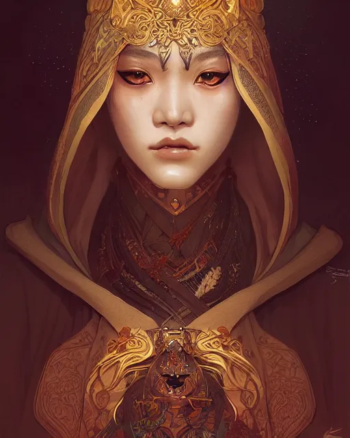 Prompt: Portrait of a female kajit, korean face features, wearing hood, dark fantasy, intricate, elegant, highly detailed, digital painting, artstation, concept art, smooth, sharp focus, illustration, art by Sam Youn and Fernanda Suarez and Artem Demura and alphonse mucha