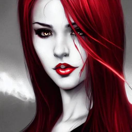 Image similar to princess of darkness, style of artgerm comic, red, piercing eyes, long glowing black and white hair, waterhouse, character art, headshot, matte