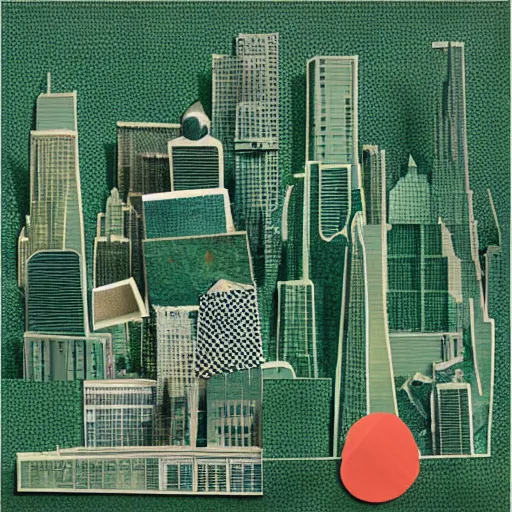 Image similar to collage style Joseba Elorza, Journalic paper texture buildings, papercut, pop-art, background green color