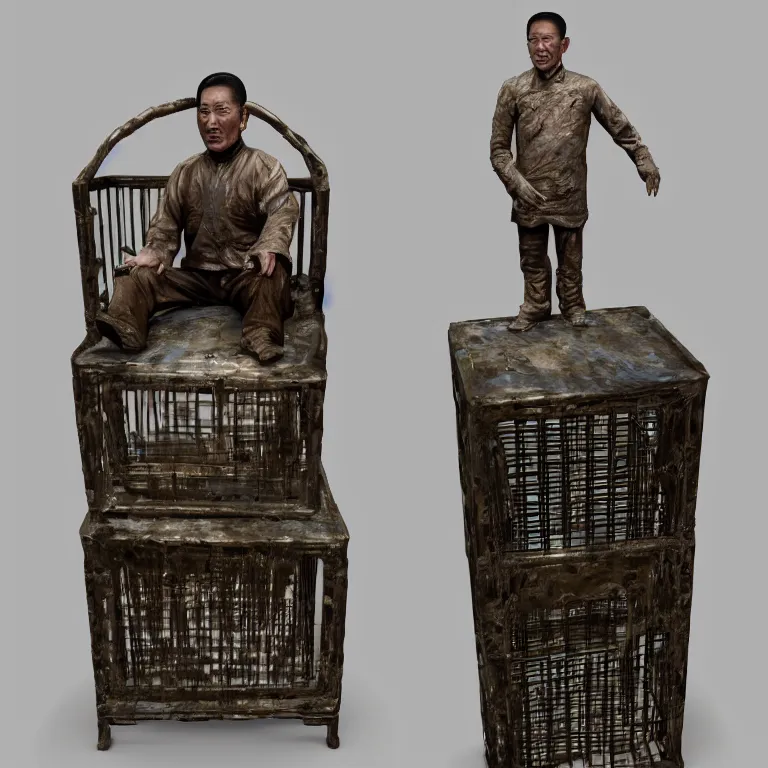 Image similar to hyperrealistic sculpture of a fossilized bronze male uyghur chinese prisoner in a cage made of low poly acrylic on a pedestal by ron mueck and duane hanson and lee bontecou, hyperrealistic dramatic colored lighting trending on artstation 8 k