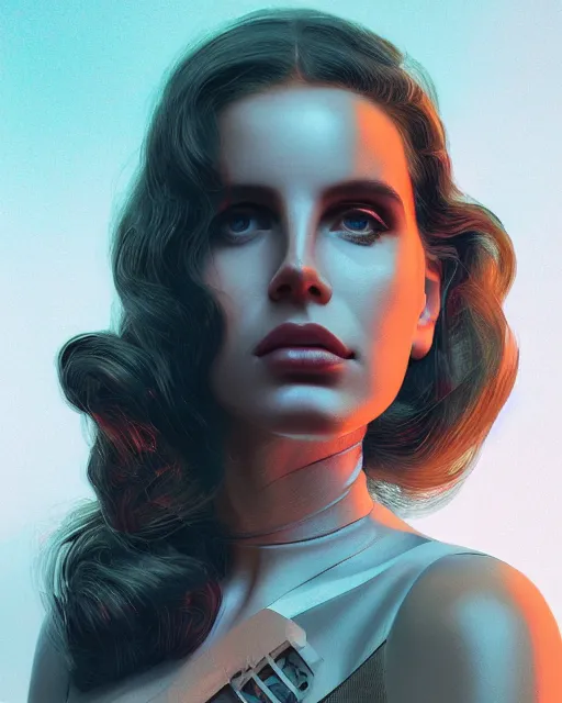 Prompt: portrait of Lana Del Rey as a cyborg. intricate abstract. intricate artwork. by Tooth Wu, wlop, beeple, dan mumford. dune by david lynch, ex machina, octane render, trending on artstation, greg rutkowski very coherent symmetrical artwork. cinematic, hyper realism, high detail, octane render, 8k, iridescent accents