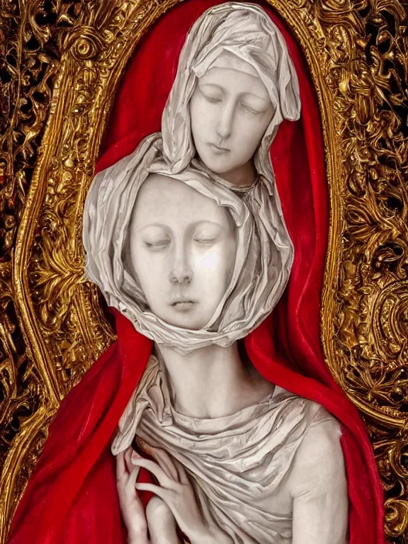 Image similar to a beautiful render of baroque catholic veiled sculpture, the red queen pieta, with symmetry intricate detailed,by LEdmund Leighton, peter gric,aaron horkey,Billelis,trending on pinterest,hyperreal,jewelry,gold,intricate,maximalist,glittering,golden ratio,cinematic lighting