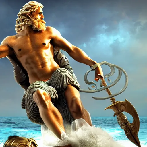 Image similar to Poseidon riding a chariot pulled by hippocampi while holding his trident, 4K detail, artstation