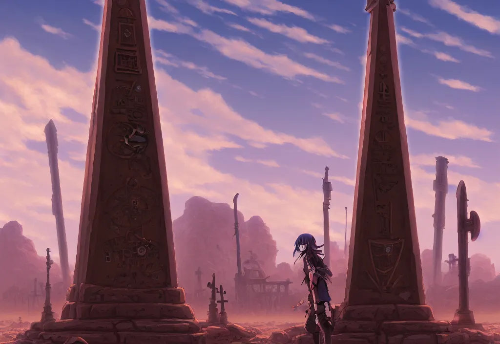 Image similar to a steampunk obelisk in a gloomy desert at dawn with gravestones in the foreground, intricate oil painting, high detail illustration, sharp high detail, manga and anime 1 9 9 9, official fanart behance hd artstation by jesper ejsing and makoto shinkai, 4 k,