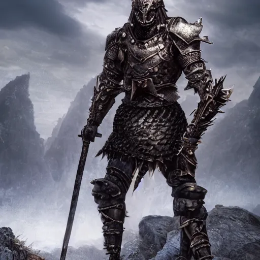 Image similar to full-body-portrait photo brutal nordic Warrior, wearing intricate steel armor, holding magical fiery battle-axe, sharp focus, highland landscape with few trees background, magical aura, heroic pose, fantasy style, octane render, volumetric lighting, 8k high definition, highly detailed, trending on ArtStation, centered