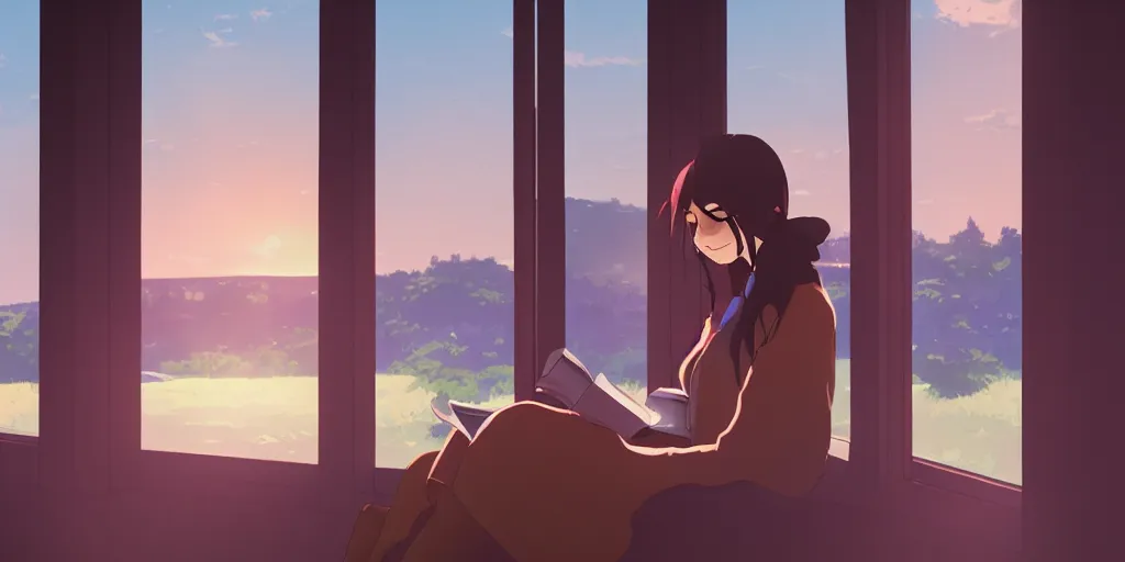 Image similar to Girl reading in a window seat in a coffee shop at sunset cinematic lighting, style by Makoto Shinkai