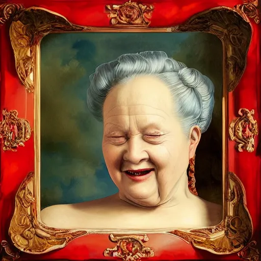 Image similar to a very funny stylize oil painting in renaissance style of a sweet fat old woman kissing her reflection. symmetry face, red mouth, blue eyes. flowery dress. hyper realistic scene. 3 d, octane render, deep focus, white scene. very funny and sweet image. unreal engine. watercolor. fellini style. poster quality. da vinci painting style.