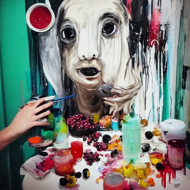 Image similar to “ a portrait in a female art student ’ s apartment, sensual, a pig theme, art supplies, paint tubes, ikebana, herbs, a candle dripping white wax, black walls, squashed berries, berry juice drips, acrylic and spray paint and oilstick on canvas, surrealism, neoexpressionism ”