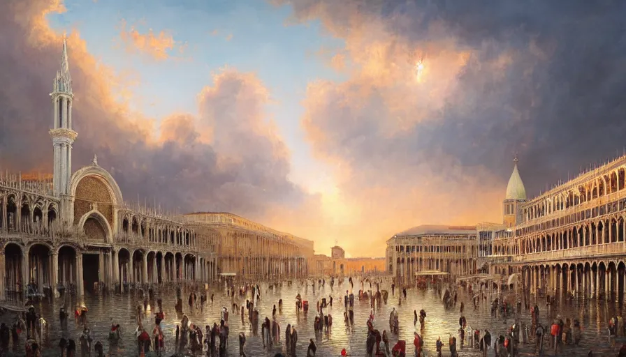 Prompt: bob ross surrounded by hundreds of easels with paintings on the piazza san marco, extremely detailed digital painting, vibrant colors, in the style of tomasz alen kopera and fenghua zhong and peter mohrbacher, mystical colors, rim light, beautiful lighting, 8 k, stunning scene, raytracing, octane, trending on artstation