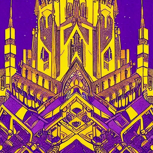 Image similar to amazing architecture comic - book art, epic castle, amazing purple and amber gold lighting, with half - tone - print features that blend into the art style and print