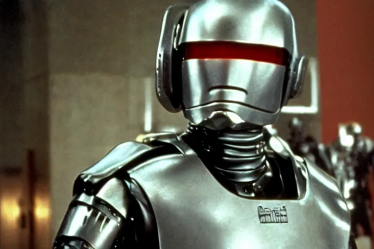 Prompt: Film still of George Washington as RoboCop in the movie RoboCop