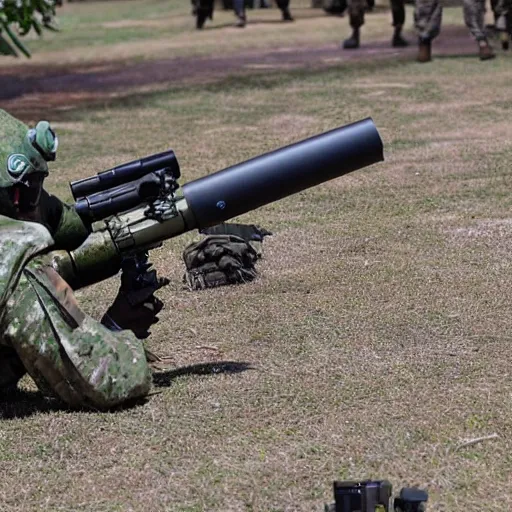 Prompt: a rare military frog equipped with rocket launcher and night vision target acquisition system, photo from innovative private military expo