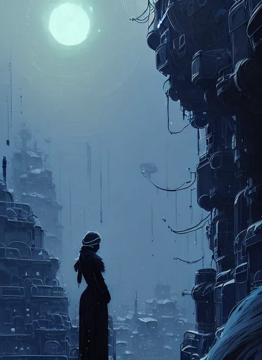 Image similar to highly detailed portrait of a moody frostpunk long blonde hair lady with droid companion, stray wiring by atey ghailan, james gilleard, by joe fenton, by greg rutkowski, by greg tocchini, by kaethe butcher, 4 k resolution, gradient blue, black and white color scheme!!! ( ( glaciated dystopian city background ) )