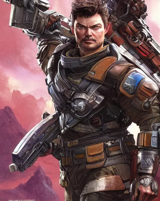 Prompt: Super Powered Karl Urban as an Apex Legends character digital illustration portrait design by, Mark Brooks and Brad Kunkle detailed, gorgeous lighting, wide angle action dynamic portrait