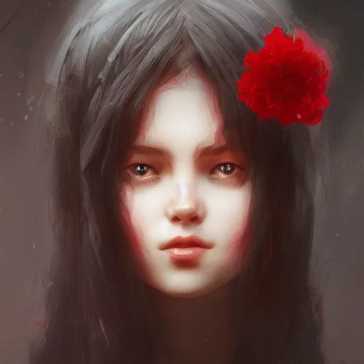 Prompt: a cute girl by ruan jia, 8 k, closeup headshot, smooth, trending on artstation, black long hair, a red flower in her hair