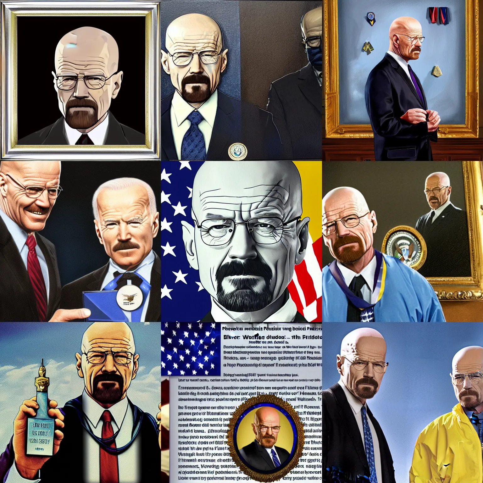 Prompt: Walter White is awarded the Presidential Medal of Freedom from Joe Biden in Breaking Bad, photorealistic painting