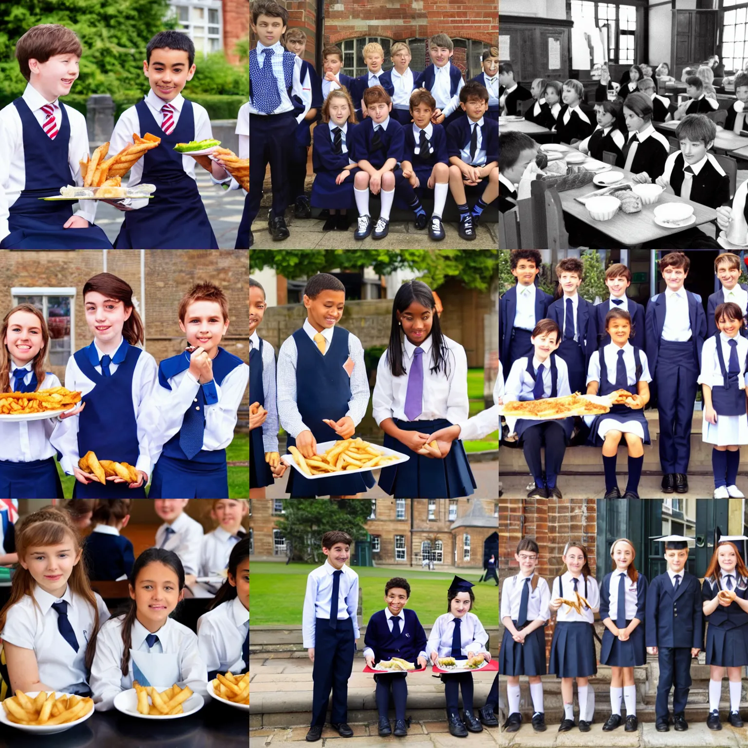 Prompt: Students at a posh British public school, wearing formal school uniform, eating fish and chips