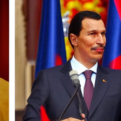 Image similar to spanish president pedro sanchez without a moustache wearing hugo chavez clothes