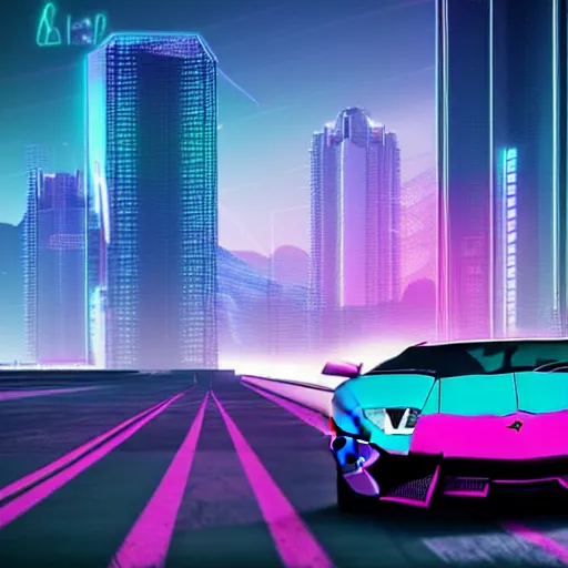 Prompt: professional digital art of photorealistic synthwave lamborghini murcielago driving through neon cyberpunk futuristic city towers, mountains in background, detailed, sporty, unreal engine 6, maya render