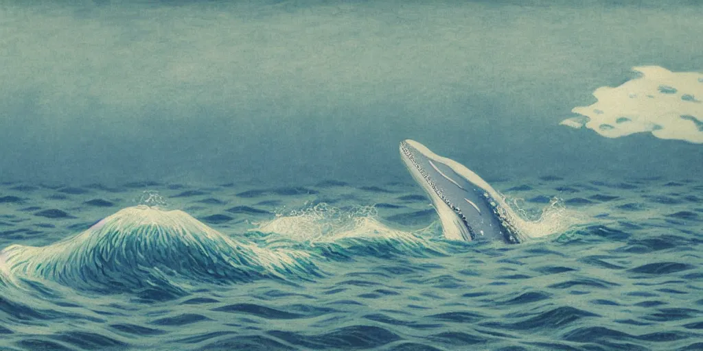 Image similar to An aesthetically pleasing, dynamic, energetic, lively, well-designed digital art of a whale, ripples, waves, sea foam, light and shadow, ocean caustics, aizome patterns, by Ohara Koson and Claude Monet, traditional Japanese colors, superior quality, masterpiece, excellent use of negative space.