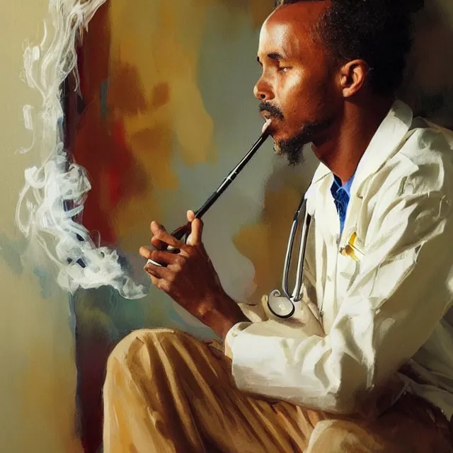 Prompt: an ethiopian male as a doctor smoking a cigarette, surrounded by beautiful women, portrait, elegant, intricate, digital painting, artstation, concept art, smooth, sharp focus, illustration, art by konstantin korovin and daniel f. gerhartz and john howe