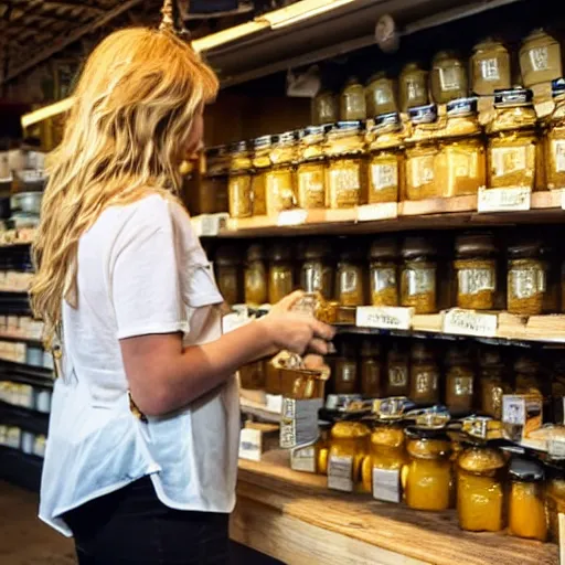 Prompt: a shady, veiled figure buying a jar of delicious honey in a store, ominous atmosphere