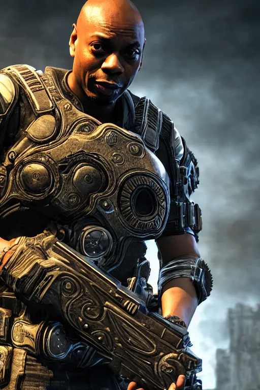 Prompt: Dave Chappelle as a Gears of War character, photorealism, half body, HDR ambient background, unreal engine 5, hyperrealistic, highly detailed, XF IQ4, 150MP, 50mm, F1.4, ISO 200, 1/160s, cinematic lights, Adobe Lightroom, photolab, Affinity Photo, PhotoDirector 365, realistic