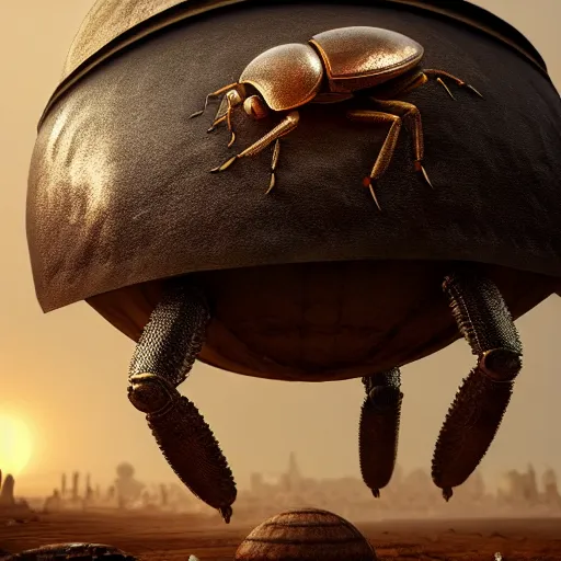 Prompt: a giant dung beetle pushing a metallic orb through the wastes of an ancient city, photorealistic, ultra detailed, eerie lighting, foggy, deep shadows, 4 k,