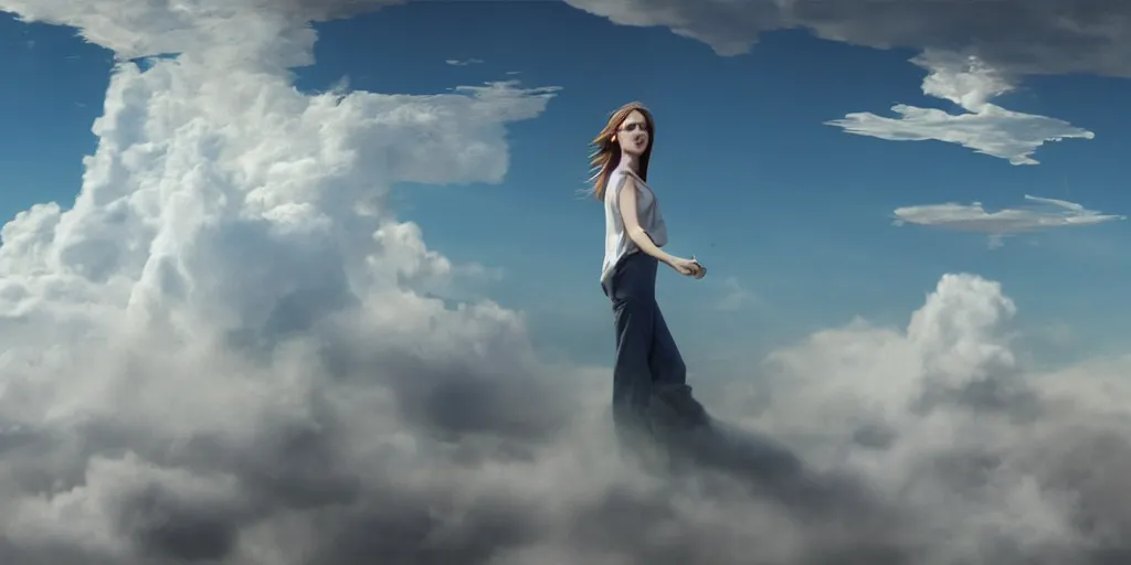 Prompt: realistic scene of a mysterious woman walking on a clouds while it's sunny, detailed, 1 4 5 0, delicate, hyper realism, ultra realistic, 8 k