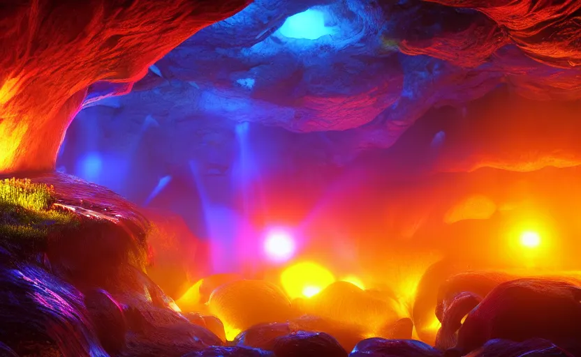 Image similar to a beautiful and stunning professional digital photo of a humongous glowing mushroom cave, haze, waterfall, volumetric lighting, hyperrealistic, red, yellow, green, blue, sunset, unreal engine 5, ultra detail