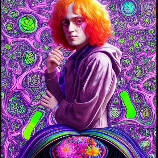 Prompt: dream a portrait of willy wonka, hyper detailed masterpiece, neon geometric floral pattern, jean giraud and amanda sage, digital art painting, darkwave goth aesthetic, psychedelic, artgerm, donato giancola, studio ghibli and tom bagshaw