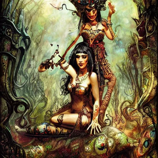 Image similar to cleopatra in alice in wonderland tripping on ayahuasca with scary monsters, intricate detail, painting, royo, frazetta, whealan,