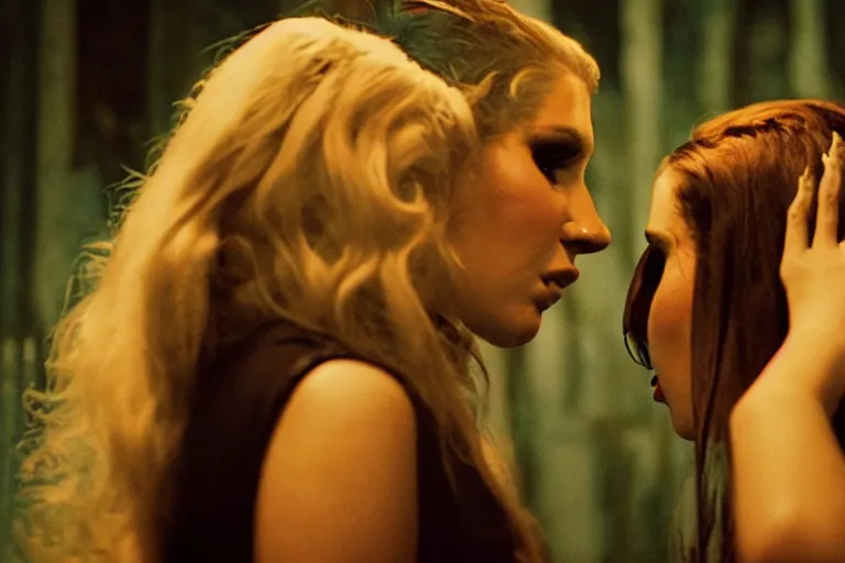 Prompt: film still of kesha talking passionately with lana del rey in cosmic horror! the musical by david cronenberg, two people, budapest street background, horror sci fi, 3 5 mm film, atmospheric, ultra fine detail, film grain, photorealistic, dramatic lighting