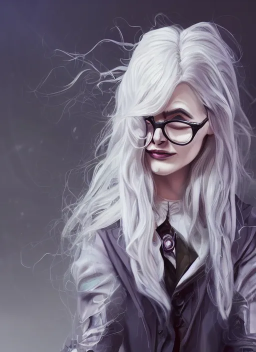 Prompt: a highly detailed illustration of beautiful long white haired mad scientist woman wearing labcoat and glasses, dramatic manic pose, intricate, elegant, highly detailed, centered, digital painting, artstation, concept art, smooth, sharp focus, league of legends concept art, wlop.