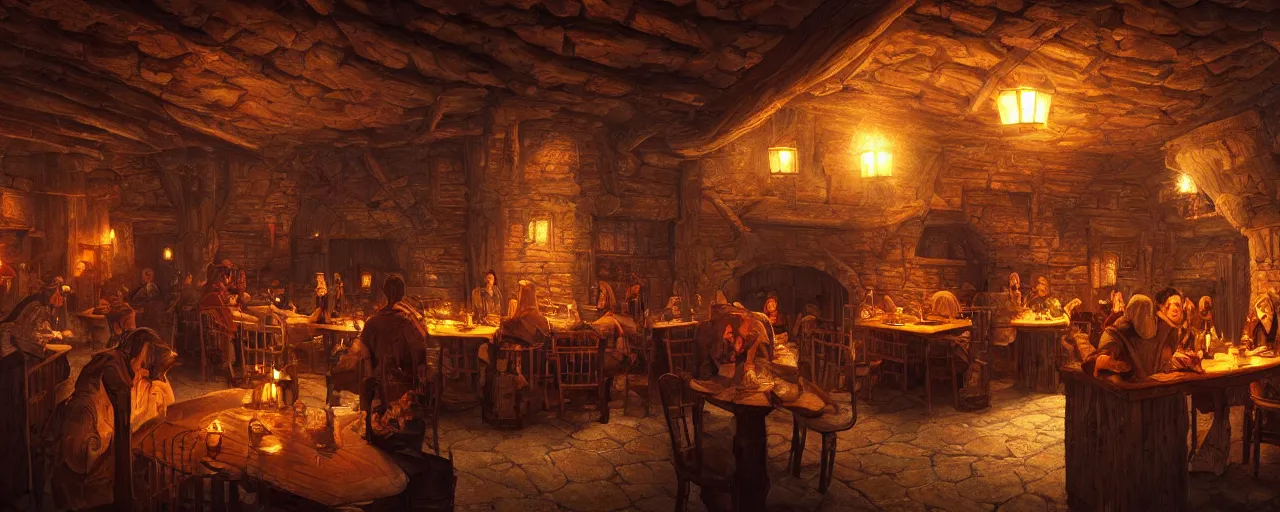 Prompt: Medieval tavern interior cozy in the style of michael whelan, warm colors, firelight, 4:3 aspect ratio, hyper realistic, fantasy art, artstation