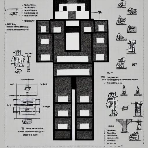 Image similar to technical drawing on the anatomy of a minecraft creeper