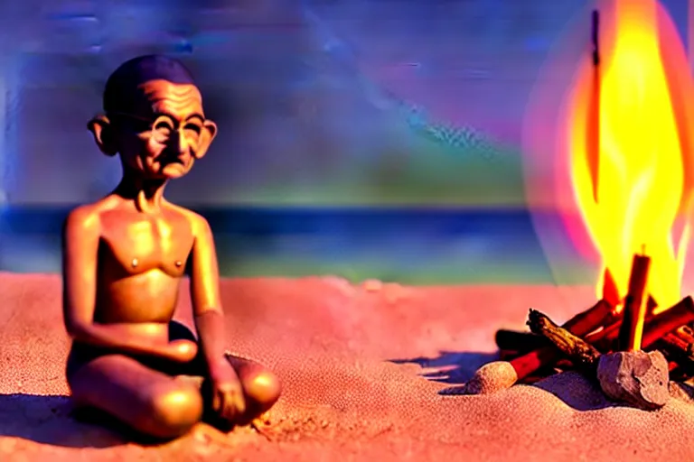 Image similar to gandhi with a big head and a small body, at the beach, sitting on the sand next to a campfire, with palm trees in the back, intricate detail, trending on artstation, sharp focus, illustration, caustics, octane render, radiant light, 4 k