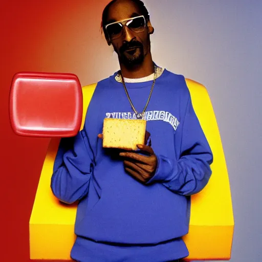 Image similar to Snoop Dogg holding a piece of American cheese for a 1990s sitcom tv show, Studio Photograph, portrait, C 12.0